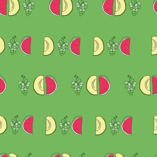 Vecteur vert melon raisins summerfruits doodle fond modèle — Image vectorielle