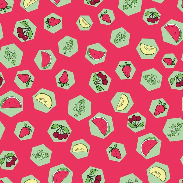 Polígono vectorial Frutas de verano doodle fondo patrón — Vector de stock