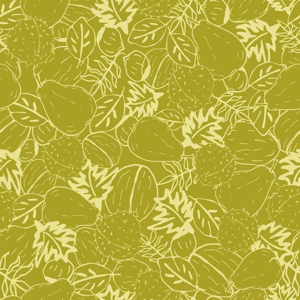 Noix vertes vectorielles, fruits et feuilles Modèle de fond doodle automne — Image vectorielle