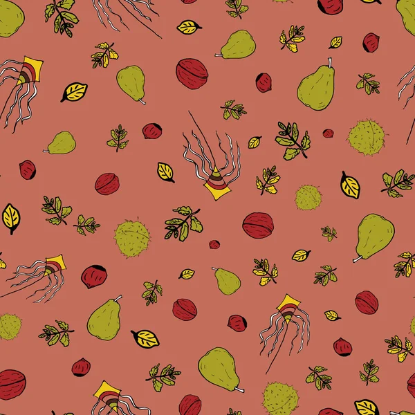 Vector tuercas rosadas, fruta y cometa patrón de fondo de garabato de otoño — Vector de stock