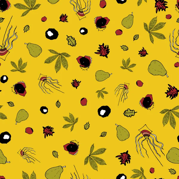 Vector amarillo hojas de otoño y peras doodle patrón de fondo — Vector de stock