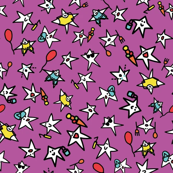 Vector púrpura Funny and cool stars doodle background pattern — Vector de stock