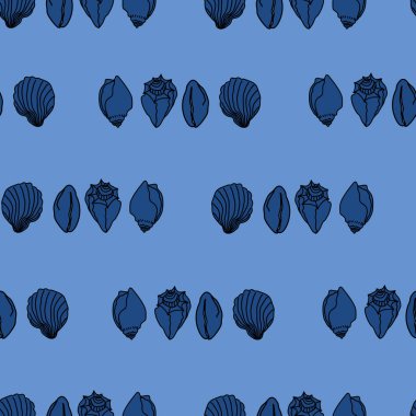 Vektör koyu mavi deniz kabukları karalama arkaplan deseni