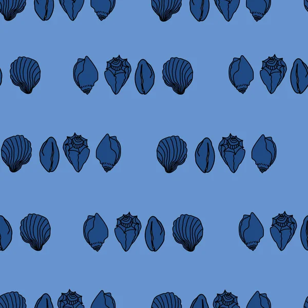 Vector azul oscuro conchas de mar patrón de fondo garabato — Vector de stock