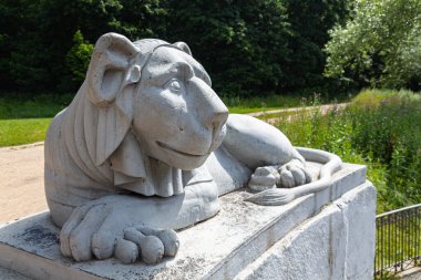 Mısırlı sfenksin fotoğrafı Moskova, Kuzminsky parkındaki bir aslanın dökme demir heykeli.