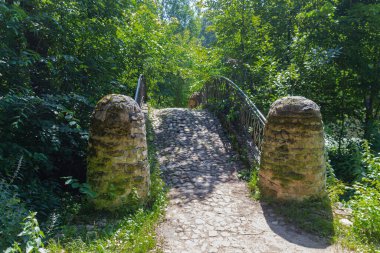 Yaz boyunca gölün yanındaki parkta eski bir taş köprü.