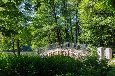 Yaz boyunca gölün yanındaki parkta eski bir taş köprü.