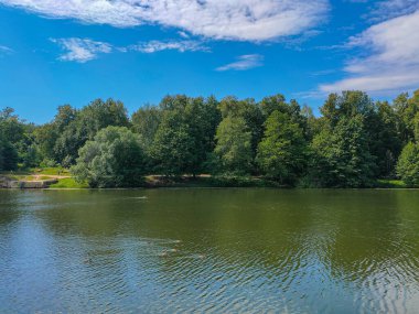 Moskova, Rusya 'daki Kuzminki Parkı' ndaki güzel bir orman ve göl manzarası.