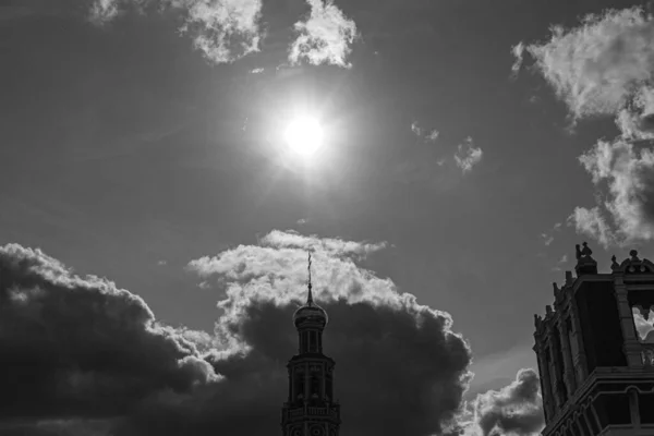 Sun Octagonal Belltower Novodevichy Convent Black White Photo — Stock Photo, Image