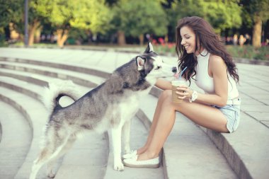 Kızın içme buz kahve ve iskambil ile parkta onun husky köpek