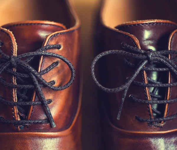 Close up of brown leather mens shoes.