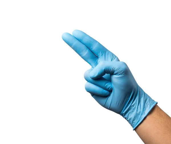 Mão a usar luva de borracha. Faz a mão como o número dois. uso para saudável ou médico — Fotografia de Stock