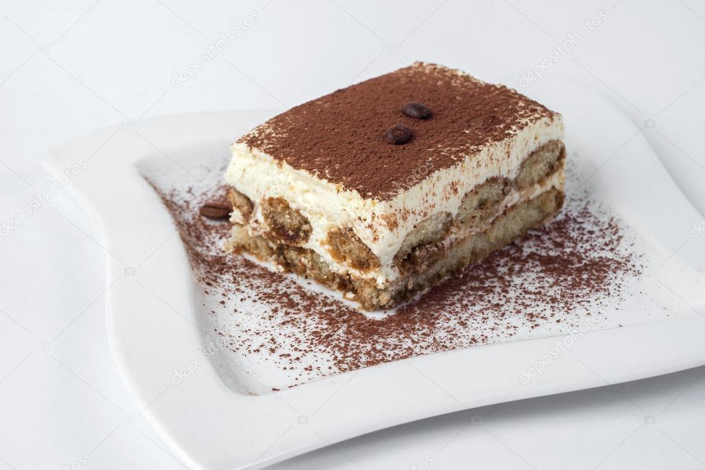 tiramisu cake on white background