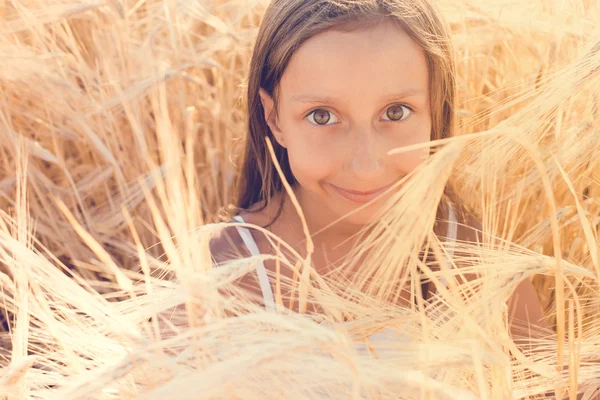 Niña feliz jugando en el campo de trigo al atardecer —  Fotos de Stock