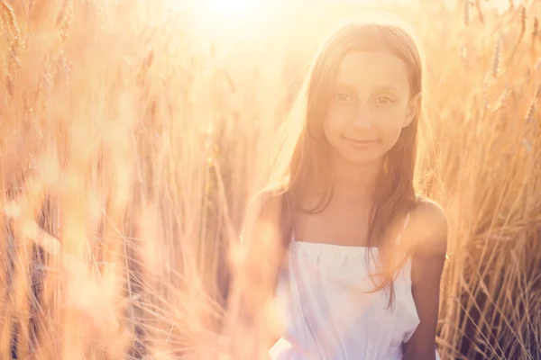Adorabile bambina che gioca nel campo di grano in una calda giornata estiva — Foto Stock