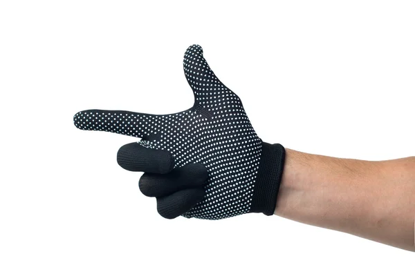 Konstruktor ruku v černé rukavice ukazující vpřed. izolované na bílém pozadí — Stock fotografie