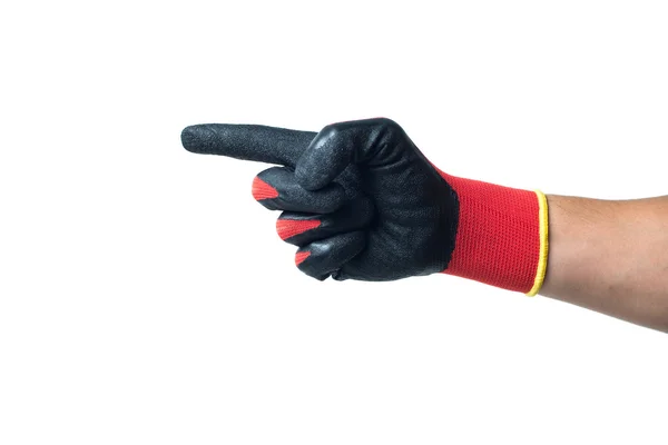 Konstruktor ruku v červené gumové rukavice, ukazující vpřed. izolované na bílém pozadí — Stock fotografie