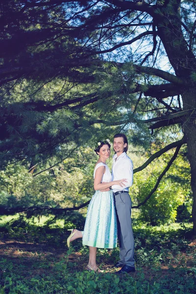 Γαμήλιο ζεύγος, όμορφη νεαρή νύφη και ο γαμπρός που στέκεται σε ένα πάρκο σε εξωτερικούς χώρους, κρατώντας τα χέρια — Φωτογραφία Αρχείου