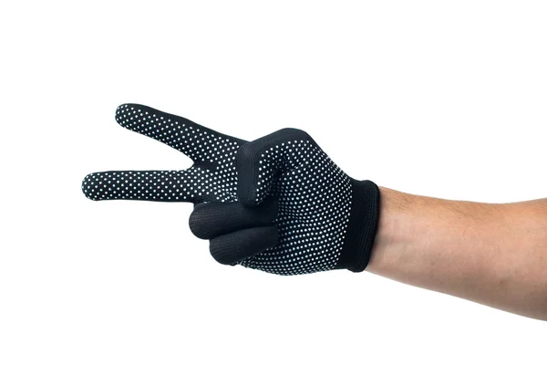 Mano de constructor en guantes de trabajo negros que muestran el número dos. aislado sobre fondo blanco — Foto de Stock