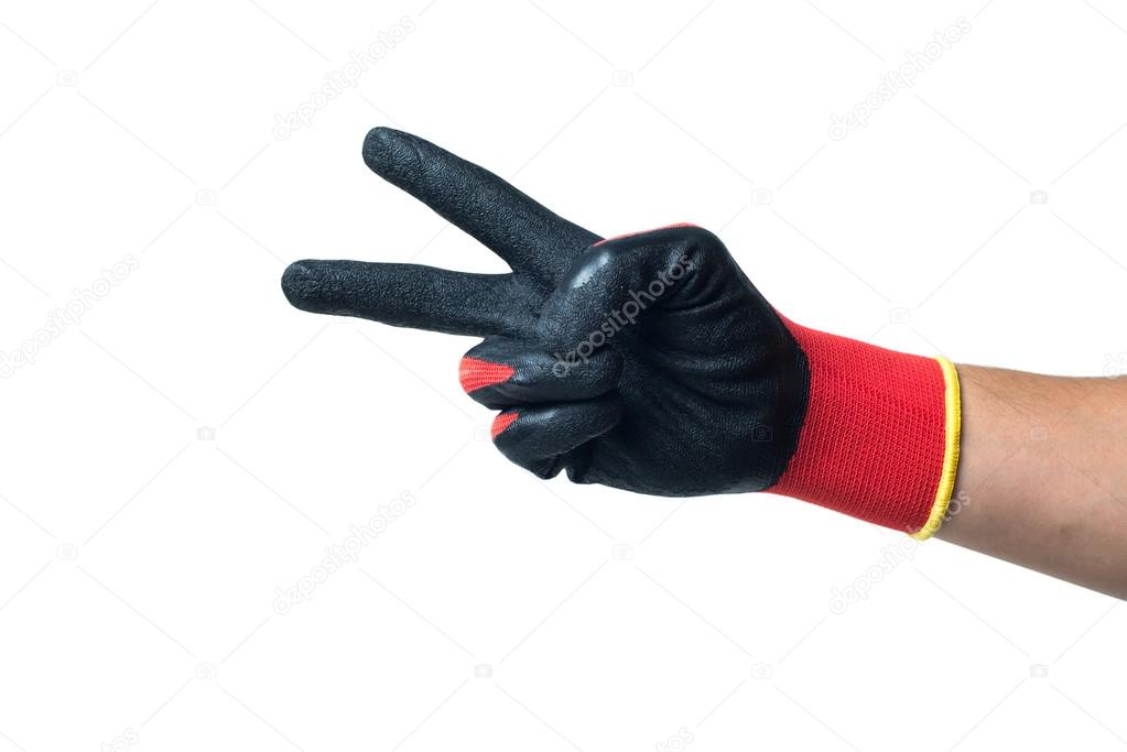 Constructor hand in red rubber gloves showing numer two. isolated on white backround