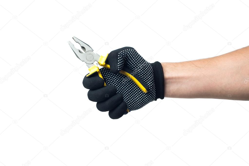 Constructor hand in black work gloves holding pliers. isolated on white backround