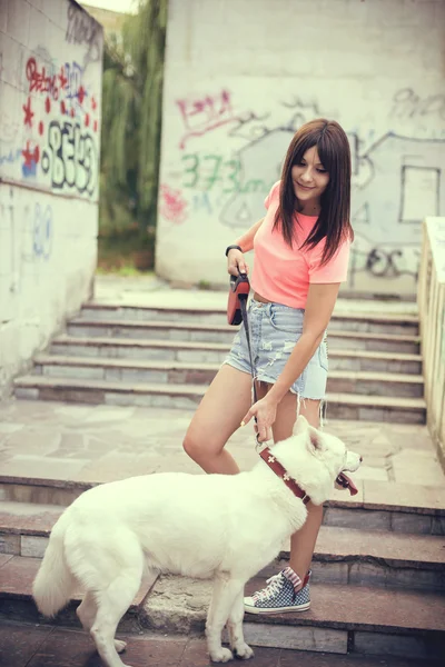 Mädchen sitzt auf der Treppe und spielt mit ihrem Husky-Hund — Stockfoto