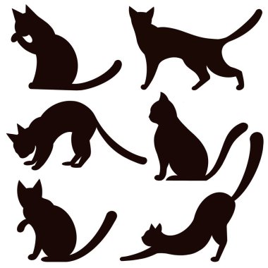 Bir grup vektör kedi silueti. Farklı pozlardaki siyah kediler beyaz üzerine izole edilmiş.