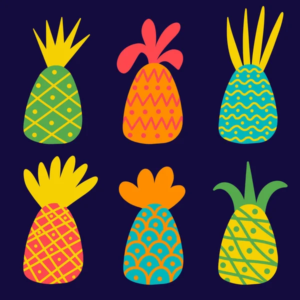 Süslü parlak ananaslar. Düz biçimli ananas ikonlarının vektör kümesi