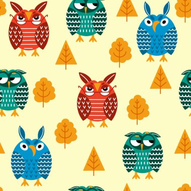 Baykuşlarla ve ormanlarla güzel, pürüzsüz bir desen..