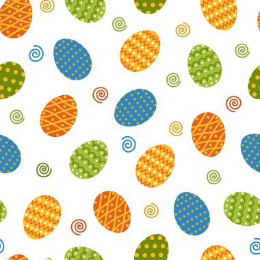 Parlak Paskalya yumurtaları kusursuz vektör desenli. Beyaz arkaplanda düz stil renkli illüstrasyon