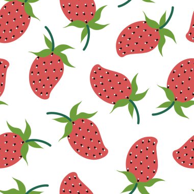 Olgun çilekler, beyaz arkaplanda düz bir şekilde kusursuz vektör deseni oluştururlar.