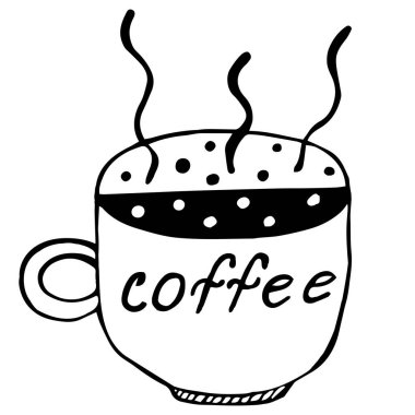 Bir fincan sıcak kahve ile vektör ikonu. Buharlı siyah içecek. Karalama çizimi el çizimi, siyah özet