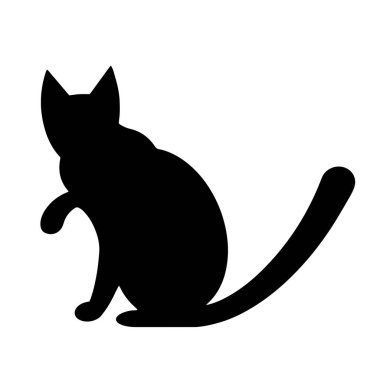 Siyah bir kedi siluetinin vektör çizimi. Beyaz arkaplanda izole edilmiş bir simge. Evcil hayvan bir pençe ile oturur, yıkar..