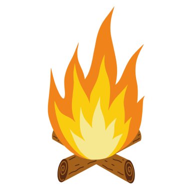 Yanan bir kamp ateşinin vektör çizimi. Tahta kütüklere ateş edin. Beyaz arkaplanda izole edilmiş çizgi film ikonu. Düz stil, elle çizilmiş