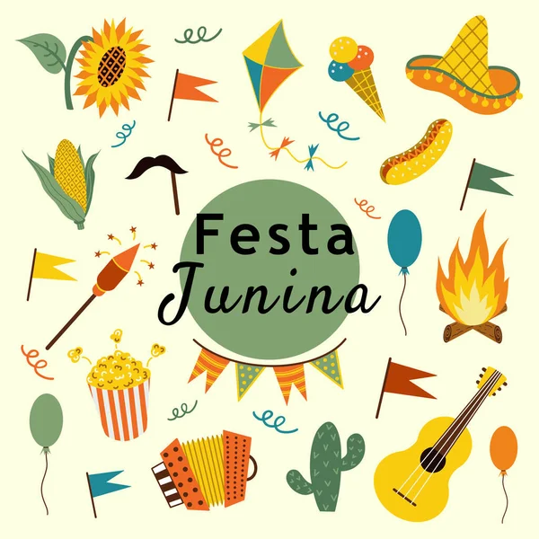 Festa Junina düz stil güzel vektör simgeleri seti. Brezilya Latin Amerika Festivali. Beyaz arkaplandaki izole nesneler. Geleneksel yemek, tatil öğeleri, eğlence