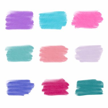 Bir dizi suluboya fırça darbesi. Güzel, narin renkler, ilahi bir palet. Beyaz arkaplanda elle çizilmiş suluboya lekeleri.