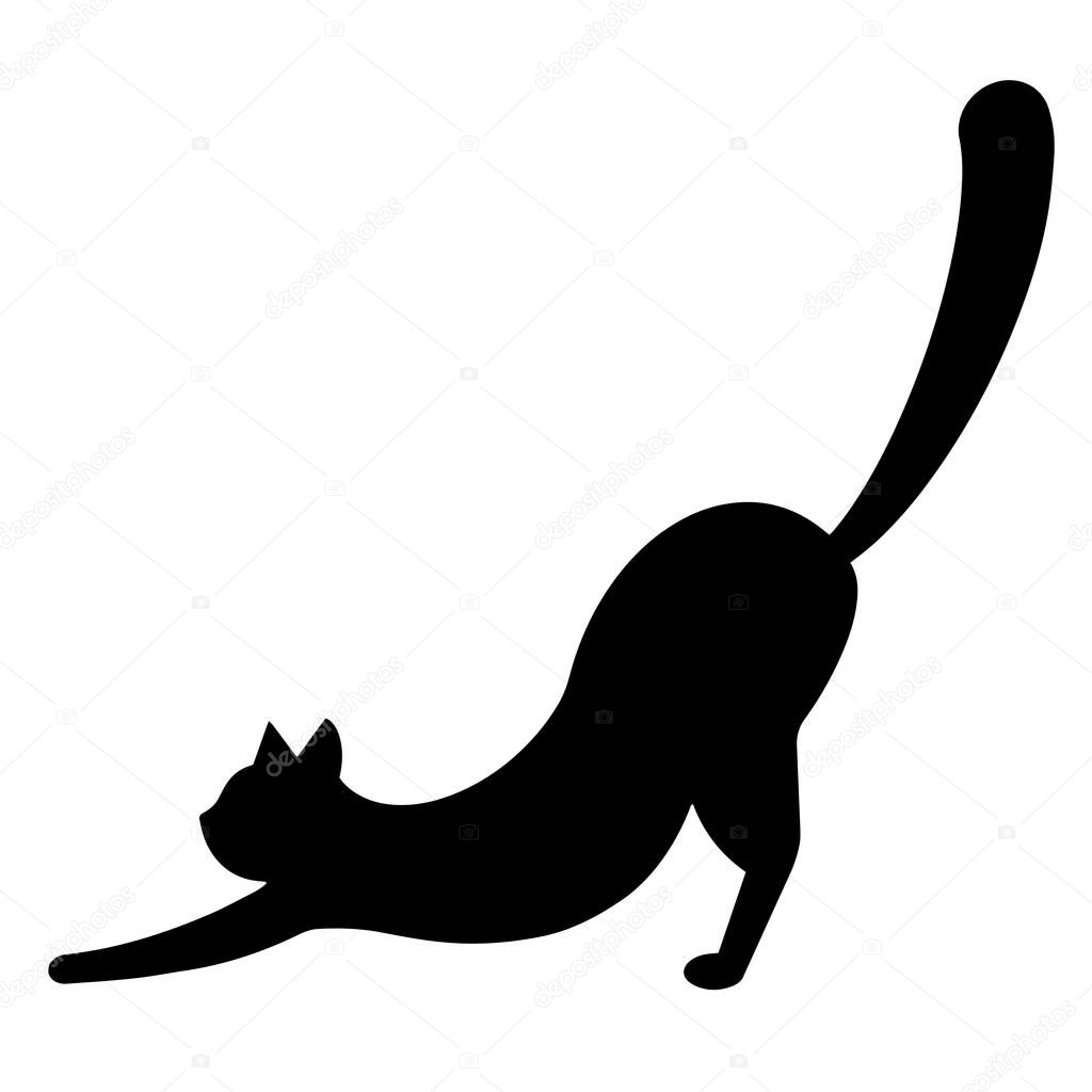 Vector icon black cat stretches himself. Isolated image of a tugging pet on a white background. Hand-drawn illustration, black silhouette of a cat. Vector monochrome