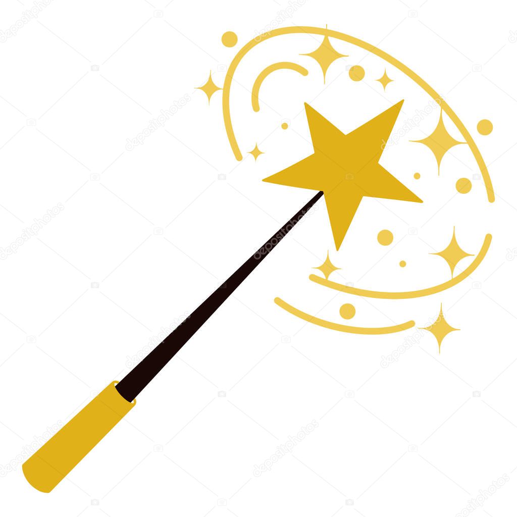 Vector illustration of a magic wand with a magic trail. Magic accessory in the shape of a star. Cute cartoon icon isolated on white background.