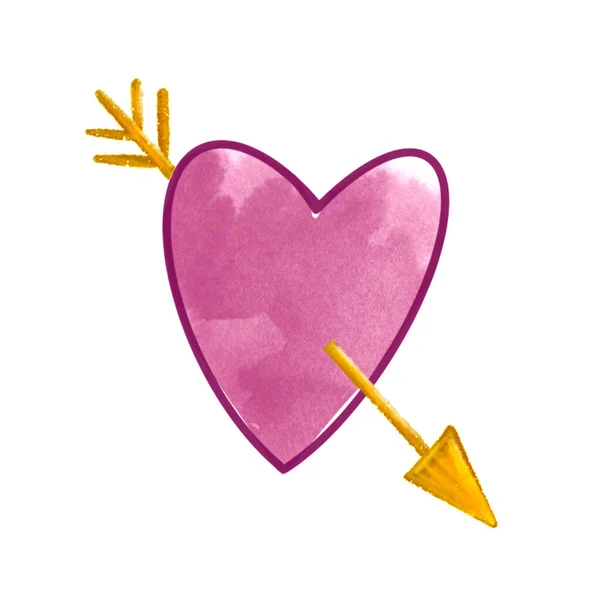 Акварельне Серце Проколоте Стрілою Прекрасне Рожеве Серце Золота Стрілка Білому — стокове фото