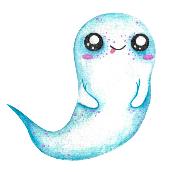 Cute Ghost Watercolor Illustration White Background Hand Drawn Cheerful Spirit — Stock Photo, Image