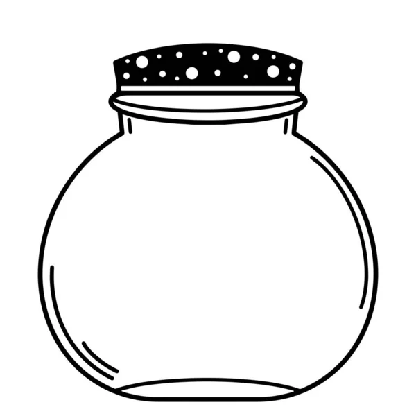有盖子的圆形玻璃瓶 白色的隔离瓶 瓶子的黑色轮廓 小瓶的素描 手绘涂鸦 容器的矢量说明 — 图库矢量图片