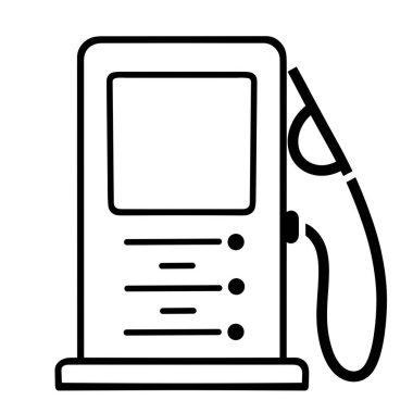 Benzin istasyonu vektör simgesi. Beyaz arka planda izole bir illüstrasyon. Yakıt ikmali sembolü. Elle çizilmiş eskiz, siyah çizgi sanatı. Benzin pompasının silüeti ve yakıt deposu..