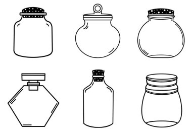 Kapaklı boş kavanoz koleksiyonu. Beyaz üzerine izole vektör simgeleri. Yemek için cam kaplar. Elle çizilmiş karalama, şişe taslağı. Kabarcık silueti. Monokrom, çizgi sanatı.