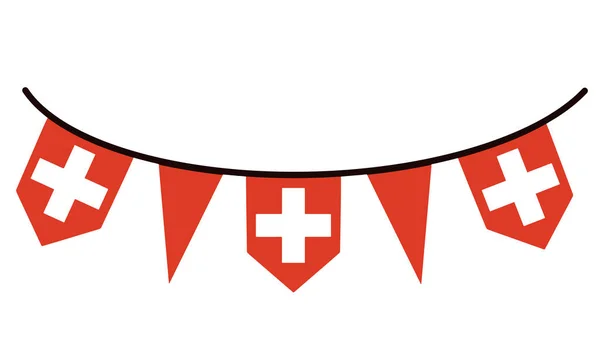 Switzerland flag. Garland on a thread, a white cross on a red background. Isolated vector icon. State symbol. Official banner of the country. Independence Day. Pennant flat style.