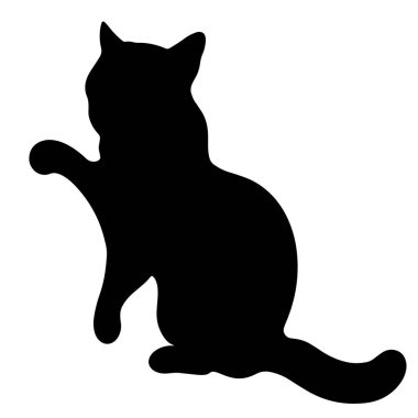 Black cat vector icon. The pet sits with its paw raised. The animal is playing. Hand-drawn silhouette of the beast. Predator illustration isolated on white. Domestic cat. Drawn by hand. Monochrome.
