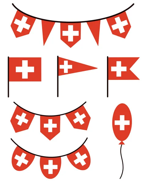 Fahnen Und Girlanden Mit Dem Symbol Der Schweiz Weißes Kreuz — Stockvektor