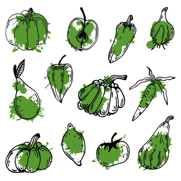 Coleção Ícones Vetoriais Vegetais Frutas Isolado Ilustração Fundo Branco Doodle — Vetor de Stock