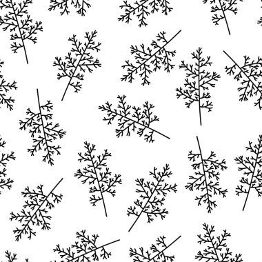 Botanik elementler kusursuz vektör deseni. Yapraklı dal. Tek renkli olsun. Beyaz arka planda siyah çizgili bitkiler. El çizimi karalama, çizgi sanatı. Şirin dallar çizimi. Otların çizimi..