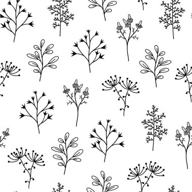Botanik elementlerle kusursuz vektör deseni. Çiçekler, yabani otlar, şifalı bitkiler. El çizimi, dal çizimi. Tek renkli olsun. Yapraklı ve böğürtlenli bir dal taslağı..