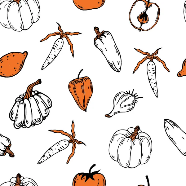 Gemüse Und Obst Nahtlose Vektormuster Handgezeichnetes Doodle Auf Weißem Hintergrund — Stockvektor
